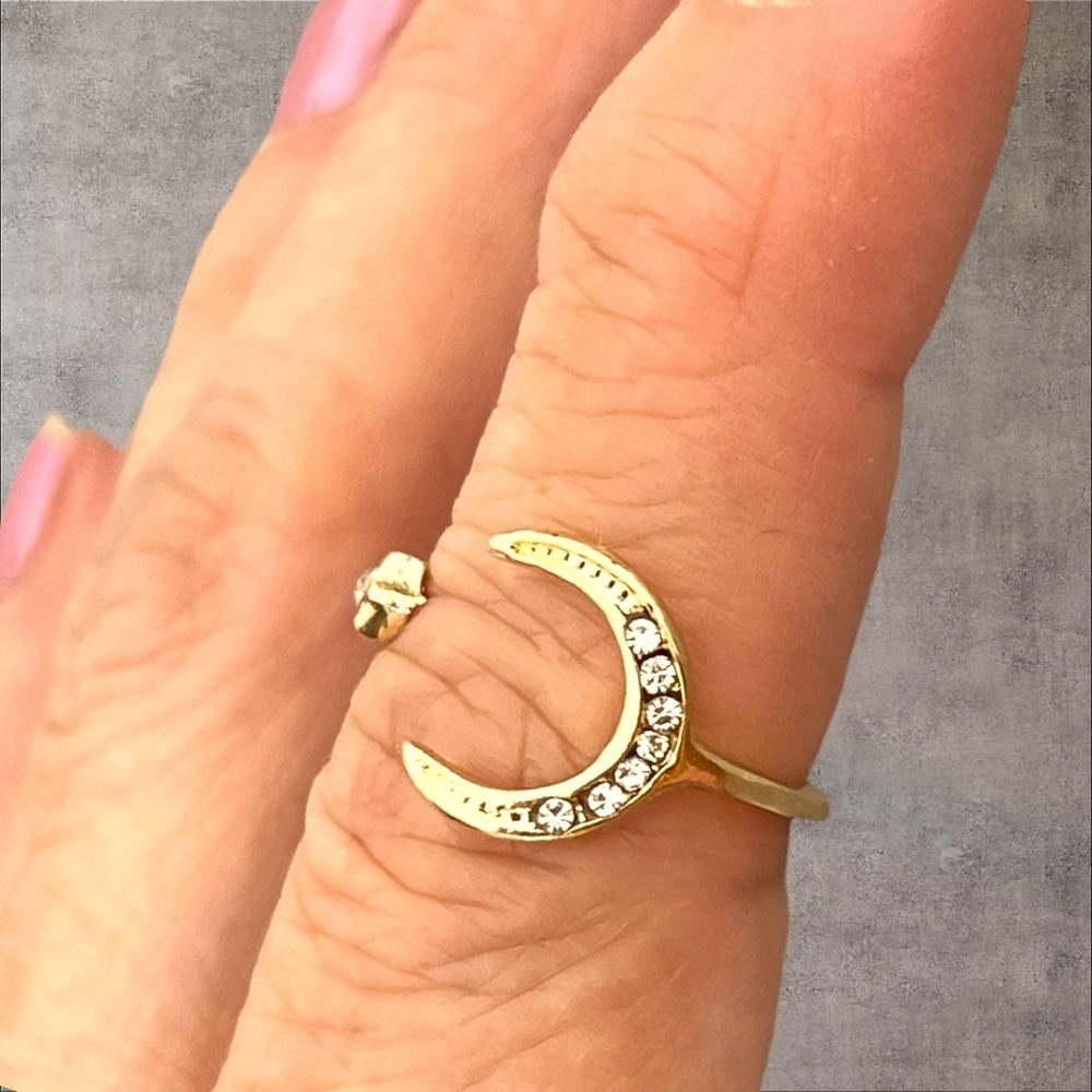 Gold plated crescent moon ring adjustable size tiny clear stones